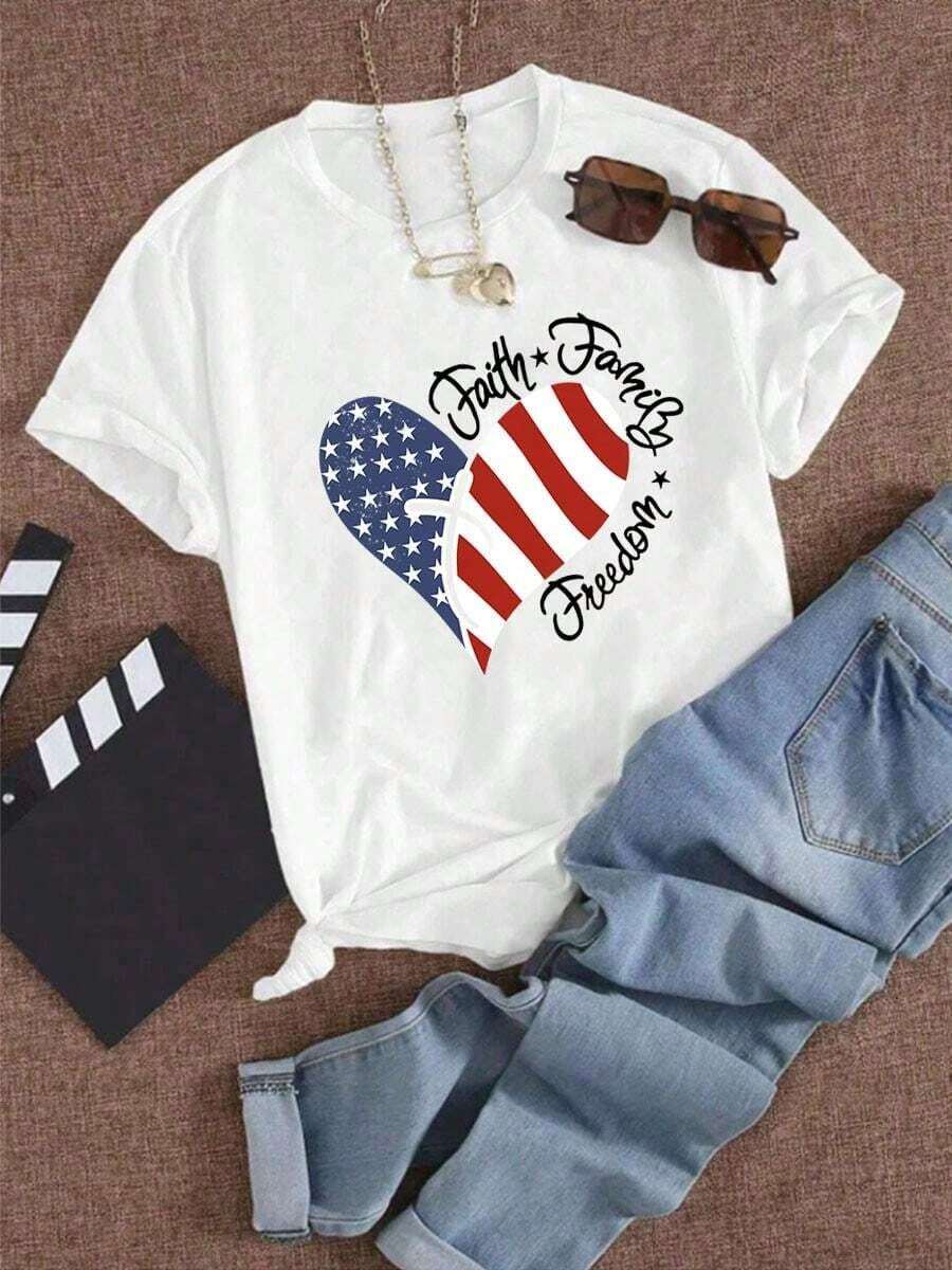 Camiseta casual de moda para mujer, estampada con un diseño de bandera estadounidense en forma de corazón, sencilla y elegante. - Blanco - Ver 1