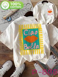 Women's Spring And Autumn Double-Sided Print T-Shirt, Cute Style, Featuring Lip Prints And The Phrase "Ciao Bella", Made Of Pure Cotton, Round Neck, Short Sleeves. A Daily Essential For Women Who Don't Know What To Wear. - 白色 - 查看 6