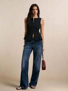Chaleco sin mangas de mujer con volantes, blazer con cremallera delantera, elegante chaleco negro sastre para estilo de trabajo a noche, blazer sin mangas, top con volantes, chaleco negro sastre, chaleco sastre, lujo tranquilo, ropa de trabajo minimalista, parte superior de blazer estructurada, unicolor básico elevado con cuello redondo, cremallera delantera, bajo con volantes, blazer sin mangas versátil para la oficina - Negro - Ver 6
