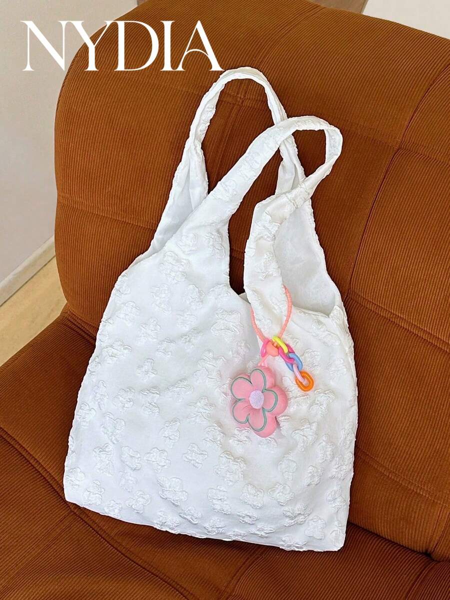 1 chiếc túi tote ren trắng thêu, túi đeo vai thắt nơ thanh lịch, túi xách nữ cỡ lớn lãng mạn dùng hàng ngày, đi mua sắm và du lịch.