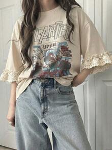 Camiseta de manga corta para mujer con ajuste holgado, estampado de letras, parches de encaje, de mezcla de algodón transpirable, versátil para primavera/verano - Albaricoque 2 - Ver 1