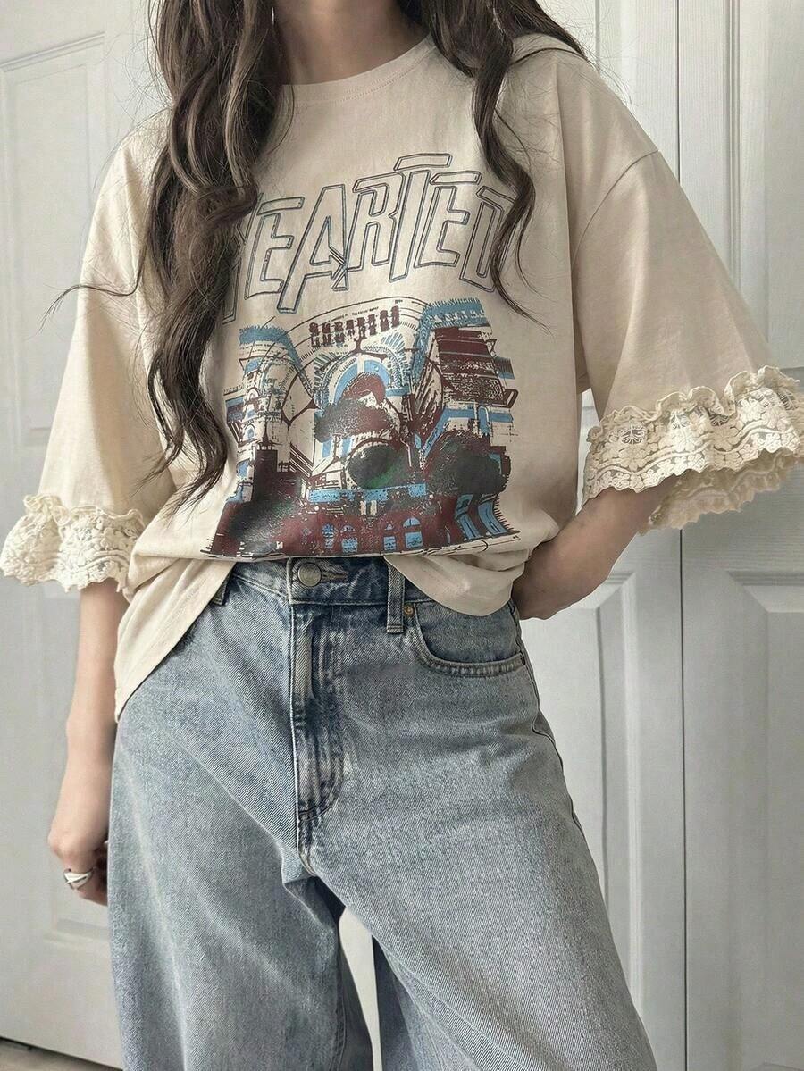 Camiseta de manga corta para mujer con ajuste holgado, estampado de letras, parches de encaje, de mezcla de algodón transpirable, versátil para primavera/verano - Albaricoque 2 - Ver 1