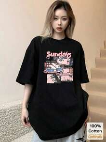 Camiseta de manga corta de longitud media con diseño de dibujos animados personalizado, top casual a la moda para mujer, ideal para vacaciones, estilo vintage de verano, estilo callejero, holgada, de algodón, con cuello redondo. - Negro - Ver 1