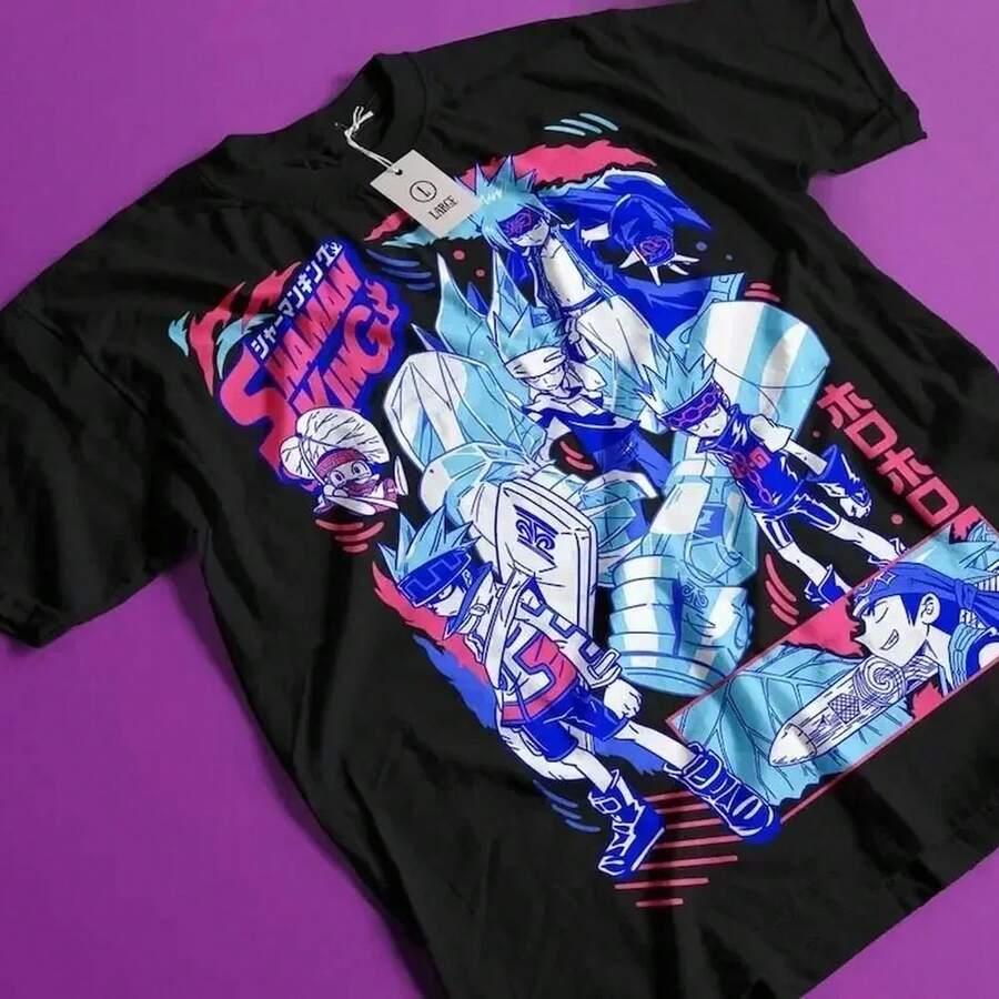 Camiseta Shaman King Yoh Asakura, Anime japonés, talla grande, producto popular, alta calidad, UniS1ex, cómoda, para parejas, Y2k, manga corta, 220 g, algodón puro, para hombres y mujeres, tejido grueso, resistente a las arrugas y que no se deforma fácilmente. Estilo sencillo y versátil, ligero y transpirable, perfecto para ir al trabajo, viajar, acampar, ir de compras y el tiempo libre diario. - Negro - Ver 1