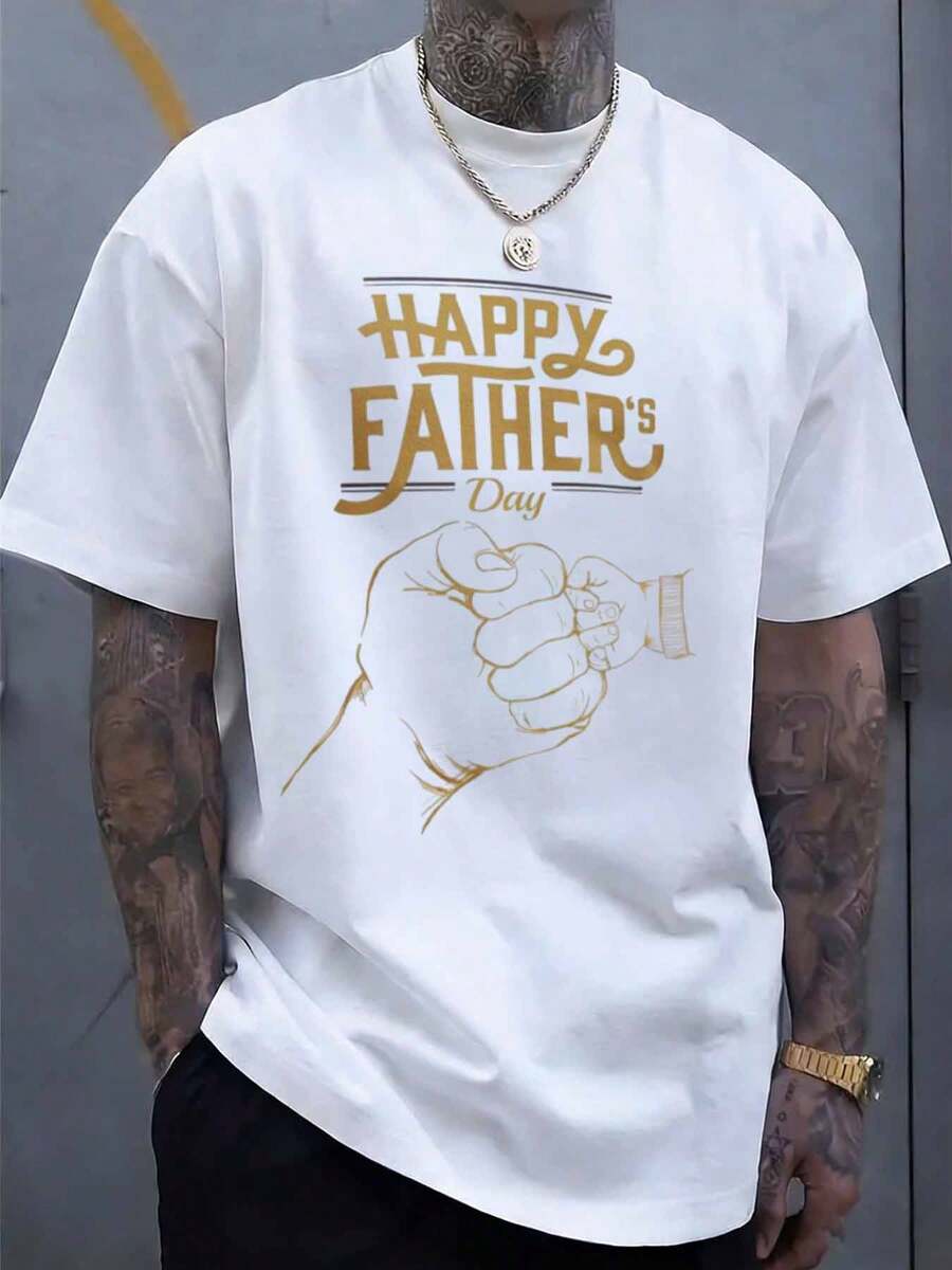 Happy Fathers Day T-Shirt With Fist Design For Men Gift Idea For Dad Celebration Wear Suitable For Casual And Sports Activities - White - View 1