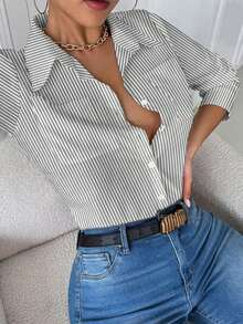 Blusa blanca casual con cuello y bolsillo, de manga larga ajustada para mujeres - Gris - Ver 5