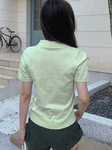 Blusa de punto de manga corta con contraste de rayas, casual de negocios - verde menta - Ver 5