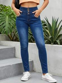 Pantalones de mezclilla ajustados elásticos medios de tiro alto para mujer, pantalones casuales ajustados de tobillo con múltiples botones - Azul lavado oscuro - Ver 2