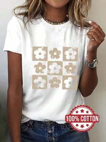 TH327 Camiseta de Mujer, Estampado Floral Beige y Blanco, Estampado de Margaritas, Manga Corta, Camiseta de Moda, 100% Cuello Redondo, Corte Holgado con Hombros Caídos, Transpirable y Absorbe el Sudor, Ropa Casual Cómoda para Estar en Casa, Camiseta Base para Combinar en Otoño e Invierno, Camiseta Casual de Talla Estándar para Mujer, Transpirable y Ligera de Manga Corta. - Blanco - Ver 1