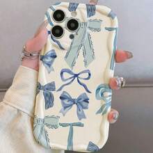 Cute Blue Bow Pattern Phone Case, Retro Aesthetic Shock-Proof Protective Cover, Suitable For Galaxy///Honor/HW// - Creamy Yellow - View 7