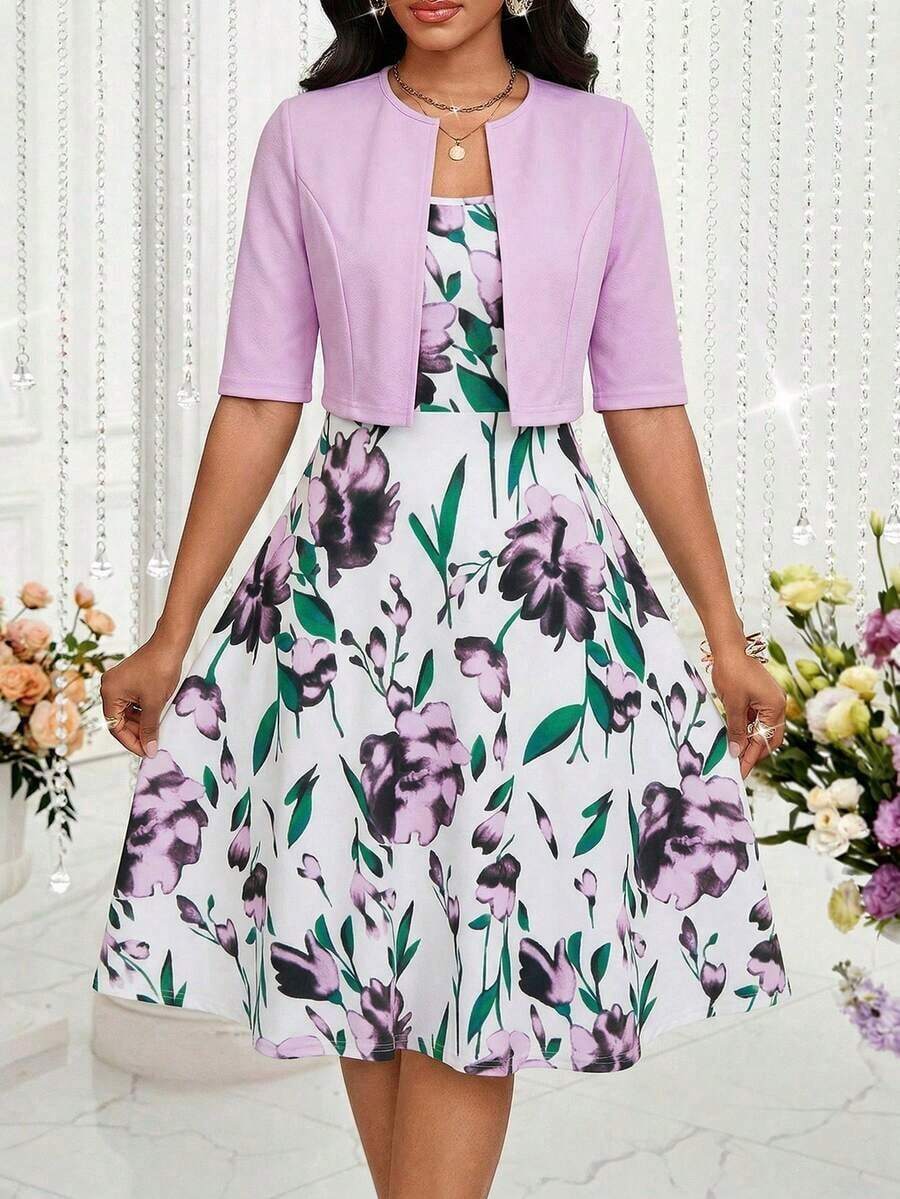 Lady Conjunto de falda larga y chaqueta corta de dos piezas, de colores brillantes y románticos, con un temperamento elegante y maduro, ideal para primavera y verano - Púrpura malva - Ver 1