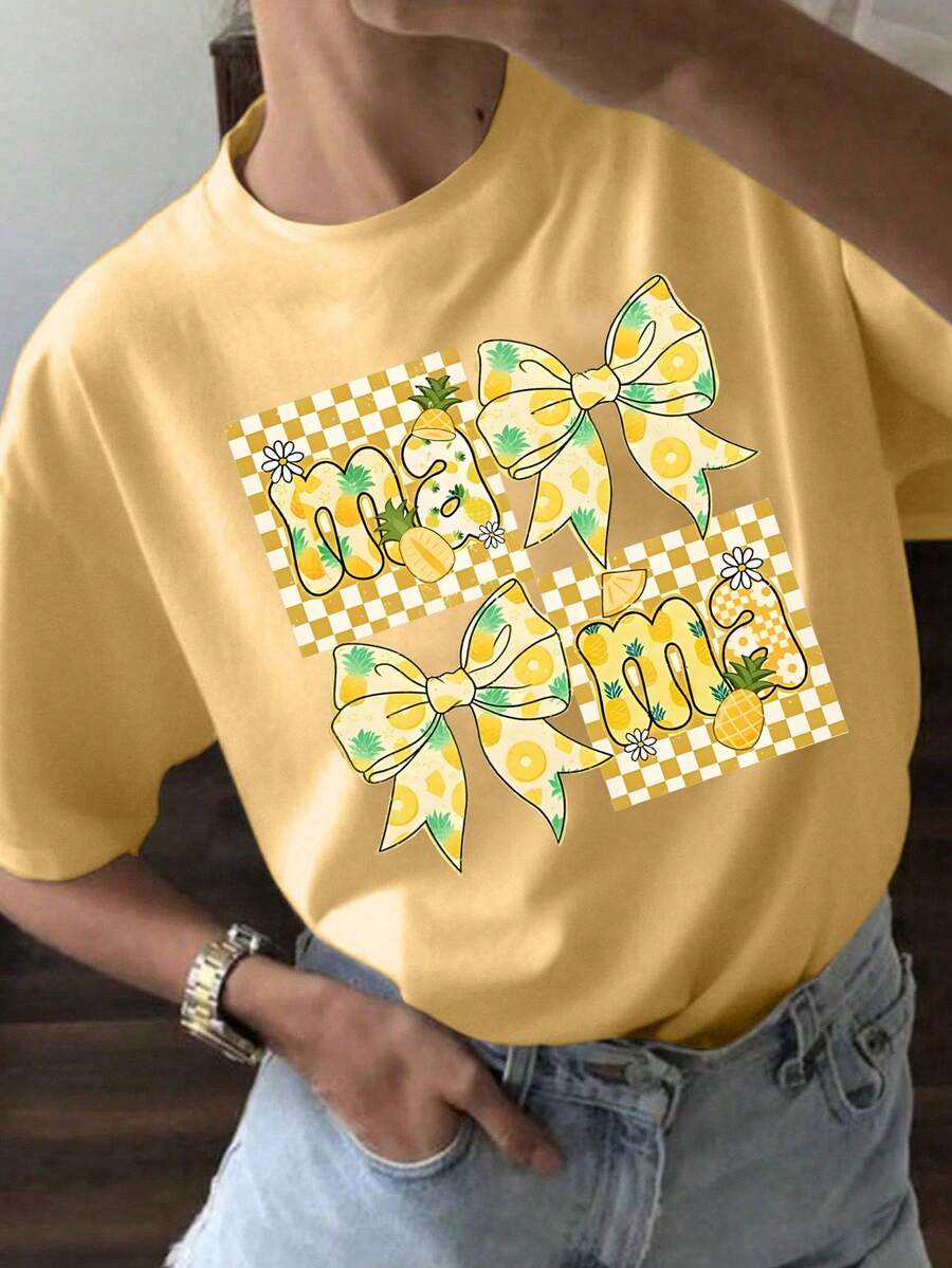 Women's Yellow Oversized Summer T-Shirt With Floral And Mushroom Bouquet Print. Loose-Fitting Round Neck T-Shirt With Wildflower And Mushroom Design, Bohemian Style. - YH376-黃色 - 查看 1
