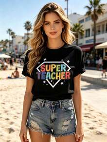 1 pieza de camiseta gráfica para mujer con estampado de "Super Maestra", estampado de colores del arcoíris, cuello redondo, manga corta, estilo casual, holgado y cómodo, ideal como regalo para maestras, para uso diario y escolar, ropa de mujer para todas las estaciones. - Negro - Ver 4