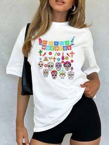 And : Unisex Graphic T-Shirt With Day Of The Dead Skulls, Casual And Stylish. Made From 100% Cotton, It's Comfortable, Soft, And Breathable, Suitable For Everyday Casual Wear And As A Gift. Men's T-Shirt, Tops, Women's Sweatshirts, Y2k T-Shirt Shirt - 白色 - 查看 1