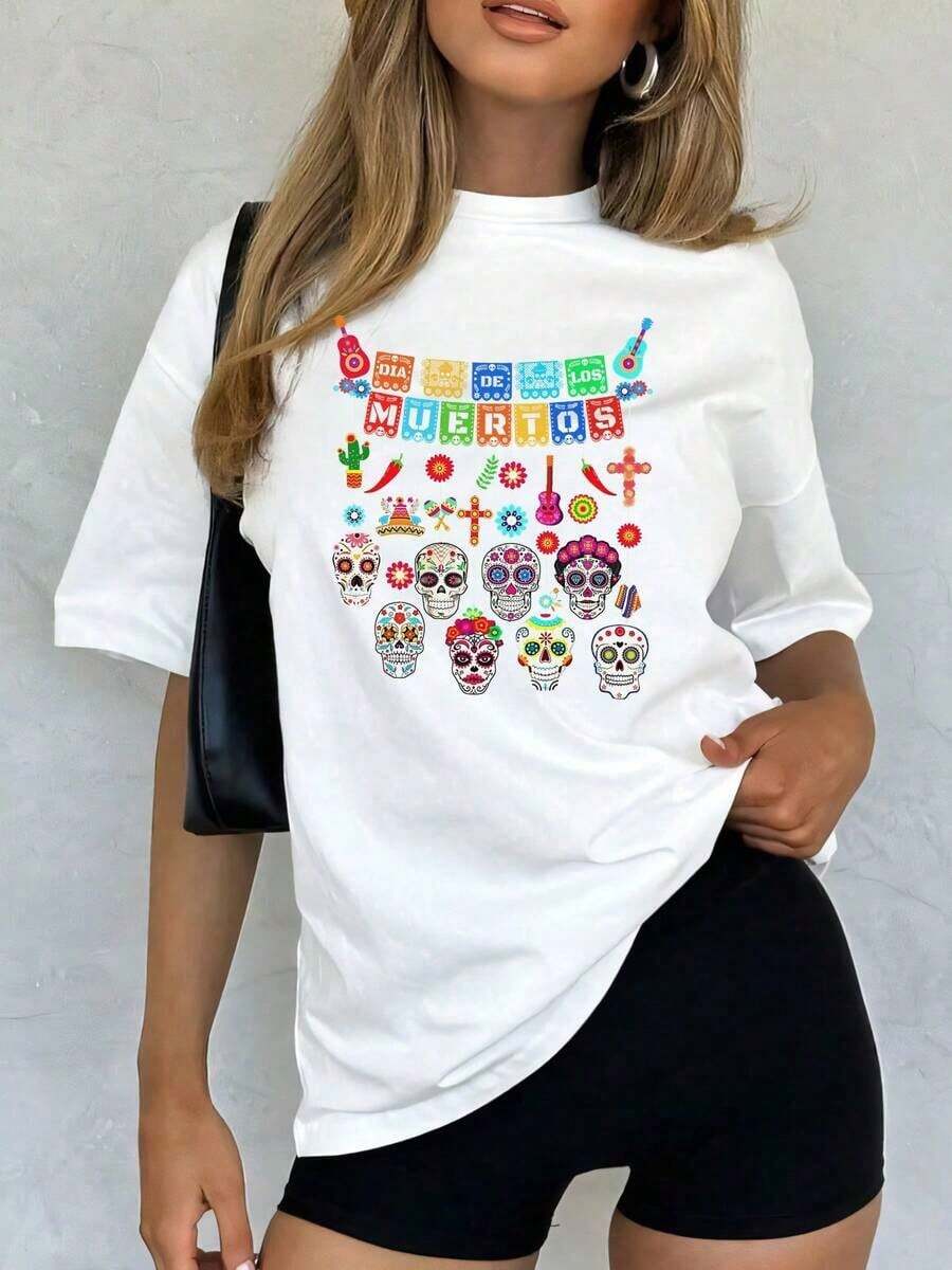 And : Unisex Graphic T-Shirt With Day Of The Dead Skulls, Casual And Stylish. Made From 100% Cotton, It's Comfortable, Soft, And Breathable, Suitable For Everyday Casual Wear And As A Gift. Men's T-Shirt, Tops, Women's Sweatshirts, Y2k T-Shirt Shirt - 白色 - 查看 1
