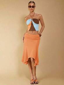 Falda Elegante Casual Asimétrica con Volantes para Mujer KGhn, Falda Negra de Primavera/Verano - Naranja - Ver 4