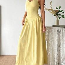 French Deep V-Neck Backless Tie Waist Pleated Dress, Sexy - Verde - Ver 4