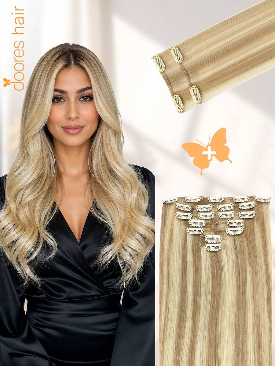 DOORES 9PCS Clip In Hair Extensions Straight Real Human Hair Natural Virgin Human Hair Extensions Double Weft Clip Ins Invisible & Soft Mini Hair Pieces For Thinning Hairs For Women - S18A/613A - View 1
