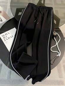 Pantalones rectos de corte holgado para mujer con ribete de encaje - Negro - Ver 4