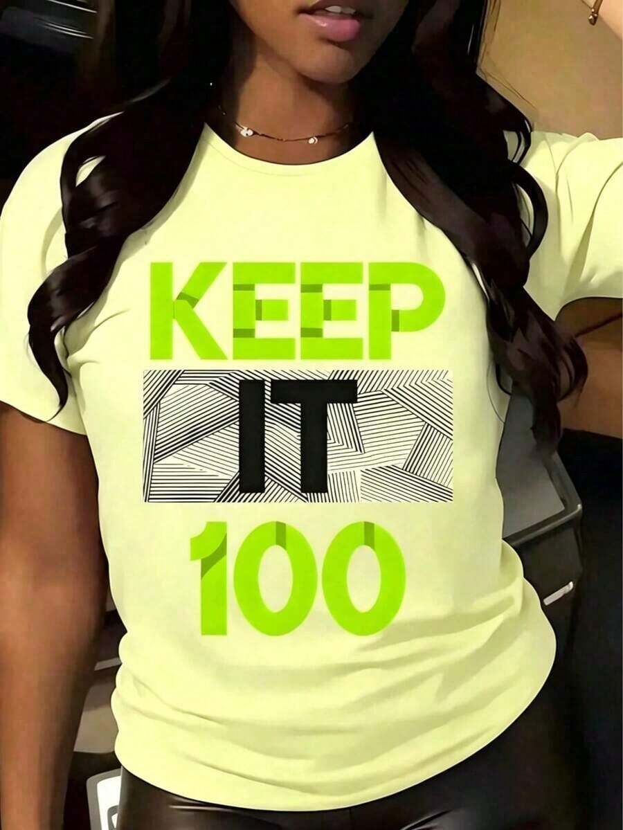 Camia Gráfica "Keep It 100" para Mujer - Texto Verde Neón con Diseño Atrevido - Camia Casual de Cuello Redondo para Uso Diario - Unisex, Adecuada para Atuendos Casuales Diarios, Camia de Verano de Manga Corta, Camia con Estampado Retro Y2K - Transpirable y cómoda. - Amarillo claro - Ver 1