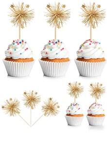 40/20pcs Gold Firework Cake Decorations, Birthday Cake Decor, Shiny Ribbon With Flowers, Fruit Picks, Graduation Party Supplies, Gold - Multicolor - - View 1
