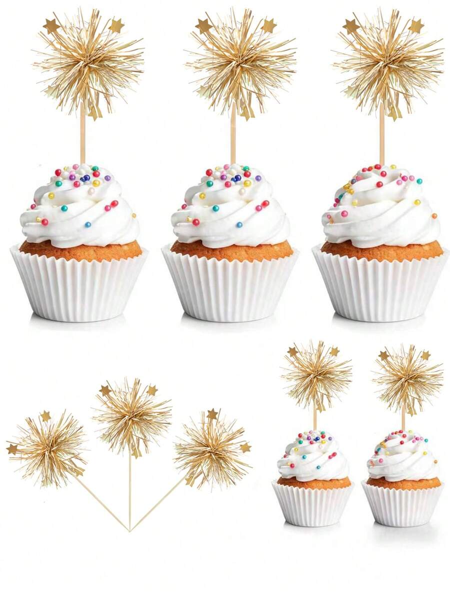 40/20pcs Gold Firework Cake Decorations, Birthday Cake Decor, Shiny Ribbon With Flowers, Fruit Picks, Graduation Party Supplies, Gold - Multicolor - - View 1