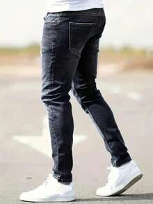 Plus Size Men's Fashionable Distressed Stretch Denim Jeans - Light Grey - View 3
