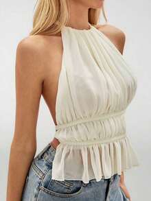 Top sin espalda con cuello de halter y cintura anudada con pliegues para mujer - Beis - Ver 8
