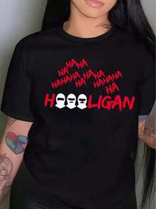 Limited Time Offer, Limited Quantities, Flash ! This Loose-Fitting Crew Neck T-Shirt Features A Simple And Versatile Design With A Hooligan-Style Print, Offering A  And Eye-Catching Look. A Fashionable T-Shirt, Perfect For Spring And Summer. - 黑色 - 查看 7