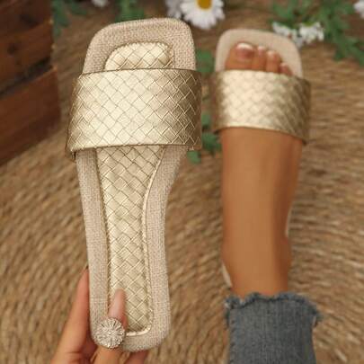 1 Pair Vacation Style Color Block Slip-On Sandals, Women's Flat Square Toe Beach Slippers, Linen Pattern Flip Flops, Versatile Summer Outdoor Wear