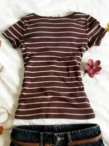 Camiseta de manga corta con cremallera frontal de 2 vías y adorno de encaje para mujer - Multicolor 15 - Ver 2