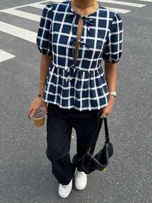 Camisa de mujer de cuello redondo de manga corta, camisa con estampado de cebra con lazo y manga abullonada, blusa de verano de cuello en V con volantes y manga abullonada de corte regular y ajuste casual para uso diario, blusa casual de estampado de animal de manga corta para primavera/verano - Azul marino - Ver 4