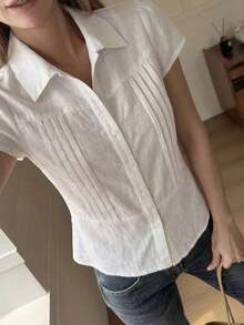 Blusa de mujer de ajuste ceñido de manga corta con cuello en un unicolor - Blanco - Ver 5