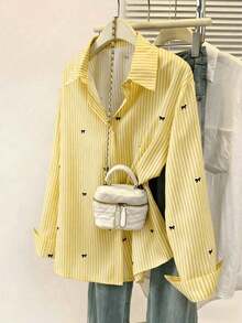 Camisa de manga larga con estampado a rayas y lazo, con botones delanteros, cuello de camisa, top casual, adecuado para primavera, otoño e invierno en color rosa - Amarillo - Ver 4