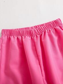 Set de 2 piezas de camiseta de manga corta con estampado de niña y lazo + pantalones de pierna ancha rosa con bolsillos para niñas en verano - Rosa - Ver 4