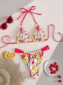 Swim Mod Conjunto de bikini de dos piezas con estampado de frutas y verduras en todo el diseño, con escote halter y lazos, para vacaciones de verano - Multicolor 5 - Ver 5