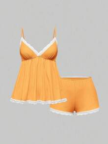 Conjunto de pijama casual de camiseta de tirantes acanalada y shorts con encaje - Naranja - Ver 9