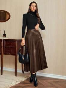 DECDS Falda plisada elegante vintage para mujer, de cuero sintético, para uso casual en la oficina, vacaciones, fiesta.Falda plisada maxi elegante en color borgoña, falda de cuero sintético elegante, falda plisada midi, falda borgoña, para otoño, invierno, Navidad, Acción de Gracias para mujeres - Caqui - Ver 5