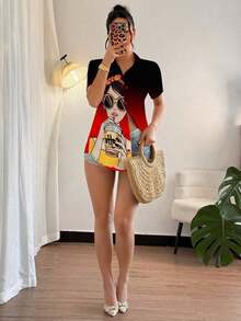 Blusa de mujer con estampado de chica de moda, manga corta y abotonadura, top de manga corta - Multicolor 3 - Ver 6