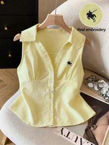 Camisa blanca sin mangas con cuello polo bordado para mujer, de primavera/verano, de estilo casual - Amarillo - Ver 1