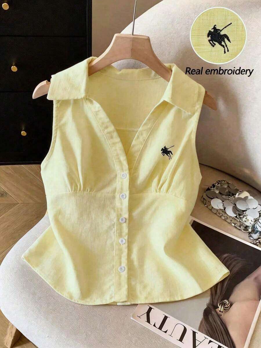 Camisa blanca sin mangas con cuello polo bordado para mujer, de primavera/verano, de estilo casual - Amarillo - Ver 1