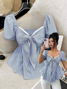 Elenzya Nueva llegada Blusa casual de uso diario para mujer con diseño minimalista, cuello cuadrado, lazo en la cintura y rayas azul francés y blancas - Azul y blanco - Ver 1