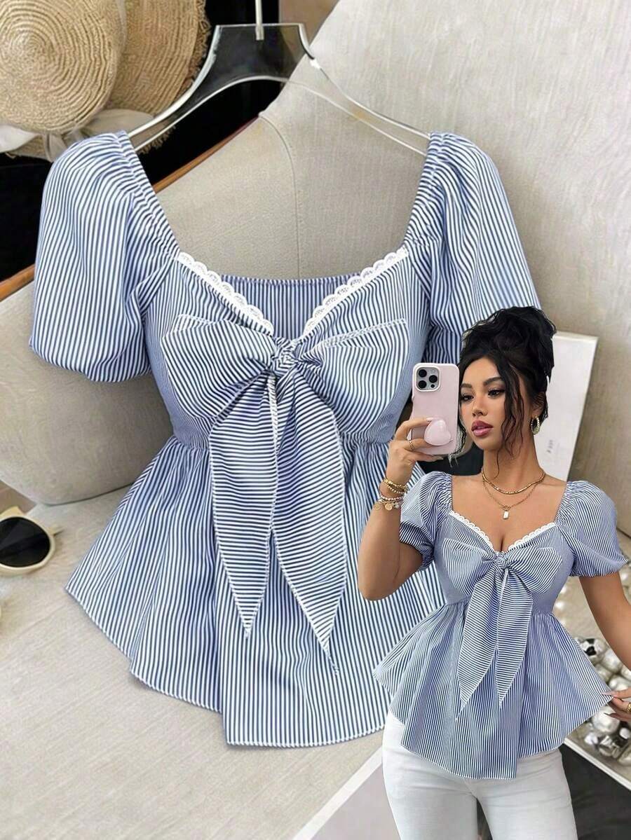Elenzya Nueva llegada Blusa casual de uso diario para mujer con diseño minimalista, cuello cuadrado, lazo en la cintura y rayas azul francés y blancas - Azul y blanco - Ver 1