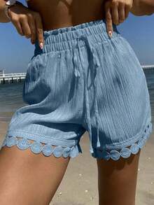 Conjunto de 3 piezas de ropa de verano para vacaciones en la playa para mujer: Cubrecostos con cintura anudada y encaje, Top de traje de baño, Shorts - azul cielo - Ver 3