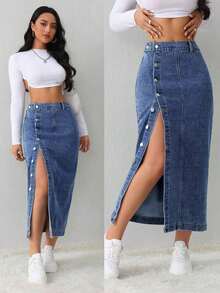 Tall Falda vaquera de mujer, casual, suelta, con abertura lateral, falda midi azul, falda larga para mujeres, falda azul claro, falda azul, ropa de invierno para mujer - Azul lavado oscuro - Ver 1