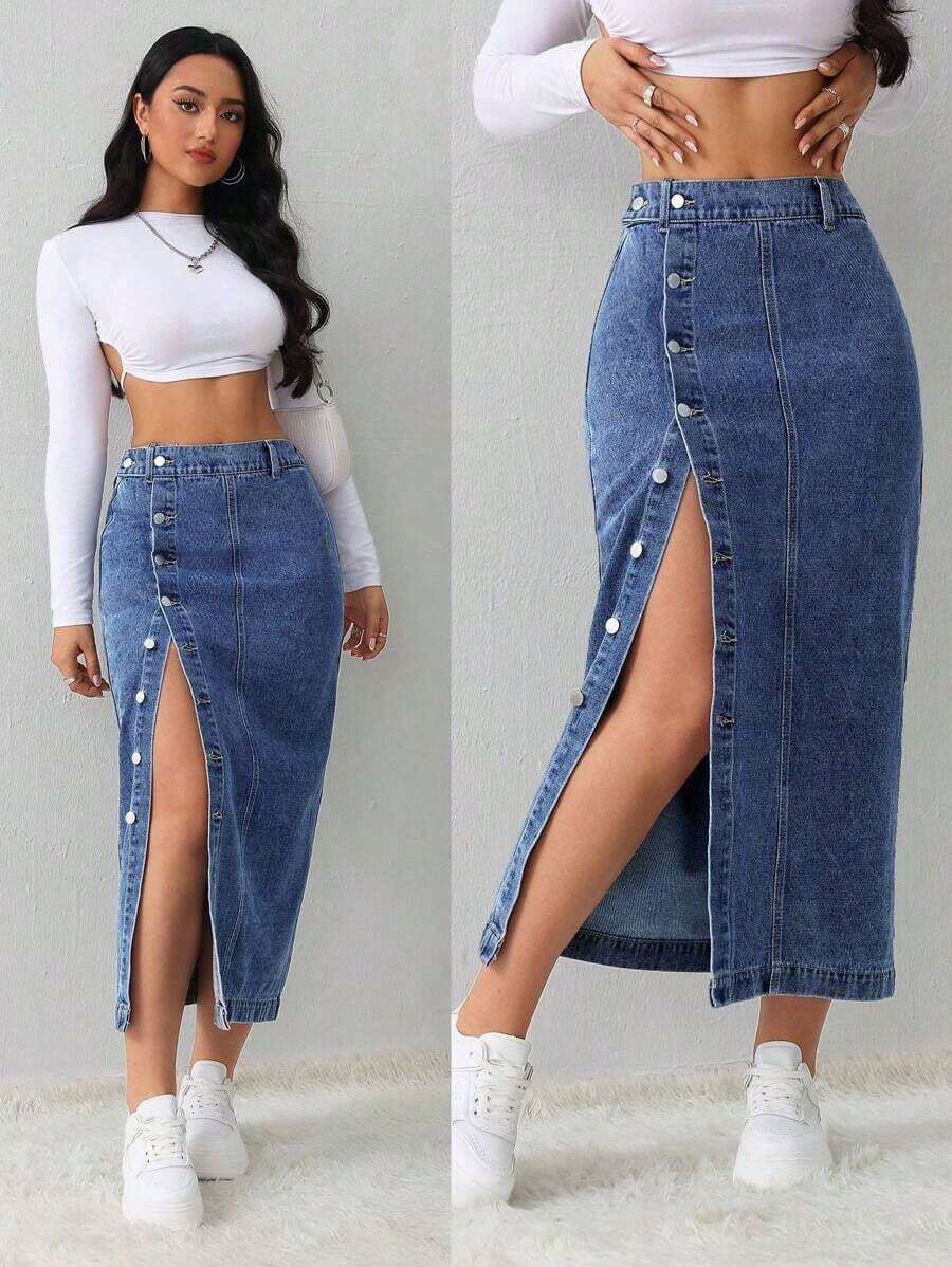Tall Falda vaquera de mujer, casual, suelta, con abertura lateral, falda midi azul, falda larga para mujeres, falda azul claro, falda azul, ropa de invierno para mujer - Azul lavado oscuro - Ver 1