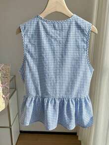 Camisa sin mangas a cuadros rojos y blancos tejida con nudo delantero para mujer - Azul - Ver 2
