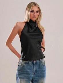 Un top rojo, brillante, sin cuello, con espalda descubierta, elegante, formal, lujoso, elegante, para ocasiones como otoño, invierno, Navidad, Año Nuevo, salidas, graduación, baile de graduación, cumpleaños, oficina, conciertos de country, club, - Negro - Ver 7