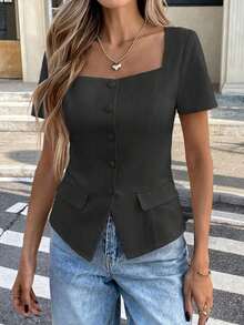 Camisa de unicolor sin mangas con cuello, top de estilo vintage retro para oficina - Gris Oscuro - Ver 9