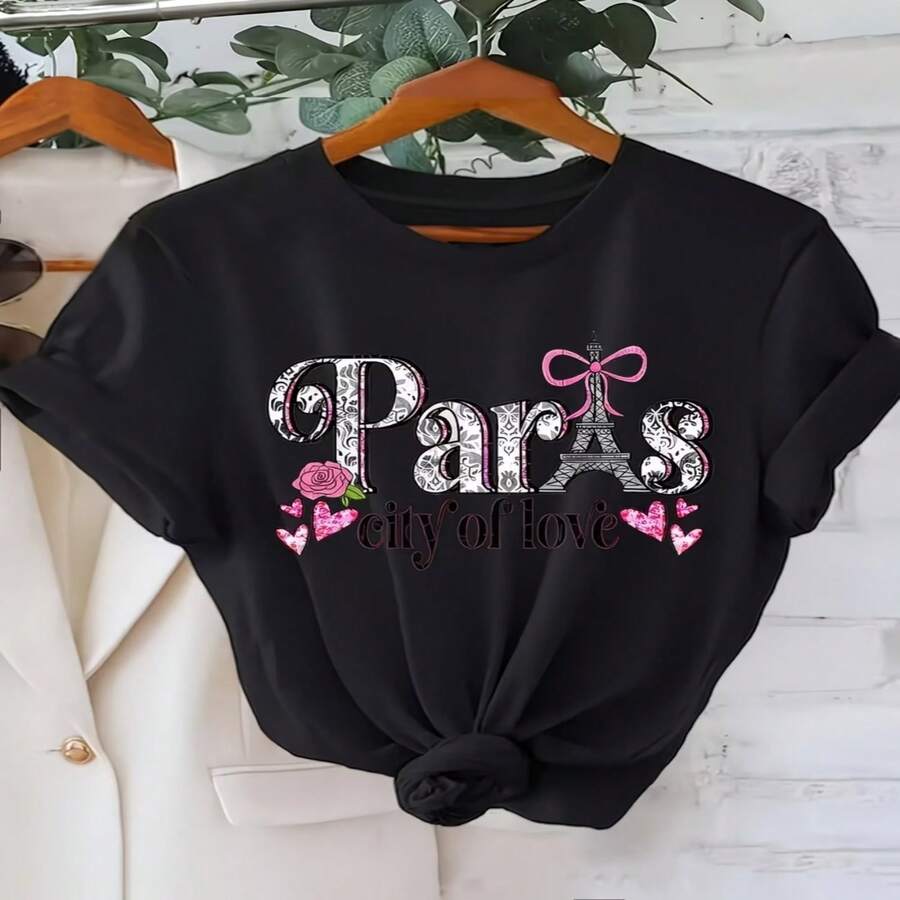 Women's Casual Paris Eiffel Tower Print Cotton Short Sleeve Round Neck T-shirt - Negro - Ver 1